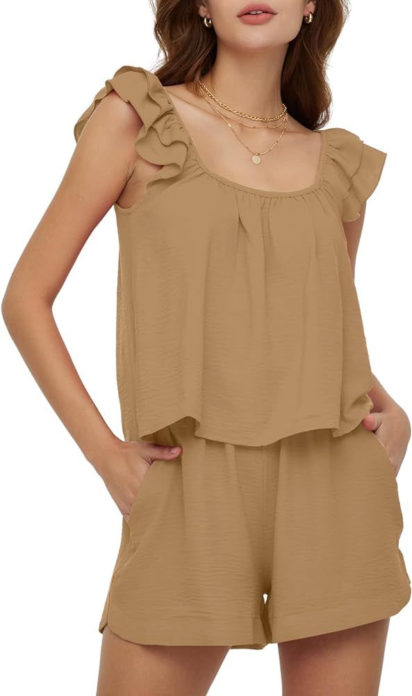 DEEP SELF Women's 2 Piece Summer Outfits Sleeveless Ruffle Strap Crop Tops Matching High Waisted ... | Amazon (US)