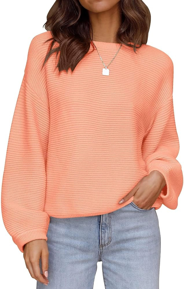 ZESICA Women's Crew Neck Long Lantern Sleeve Fall 2026 Casual Loose Ribbed Knit Solid Soft Pullov... | Amazon (US)
