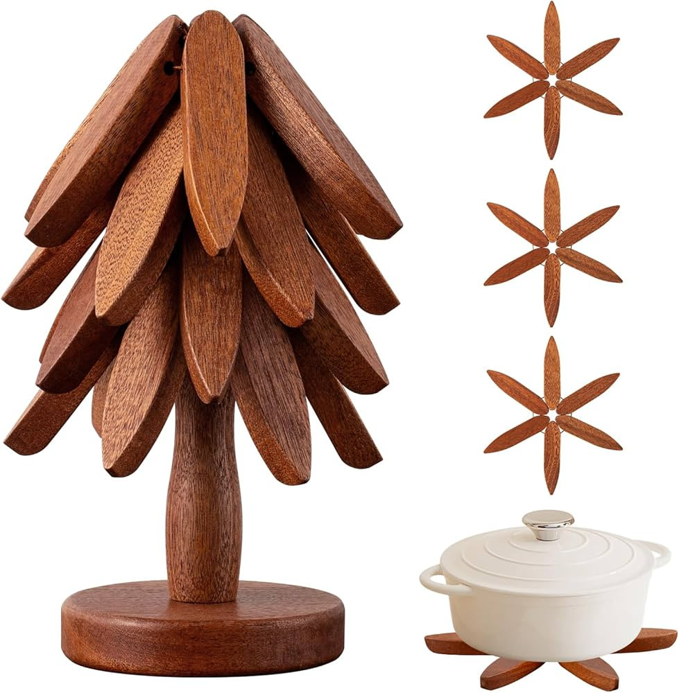 Wooden Trivets for Hot Dishes， Hot Dish Coaster with Tree-Shaped Wood Collapsible Hot Pad Trive... | Amazon (US)