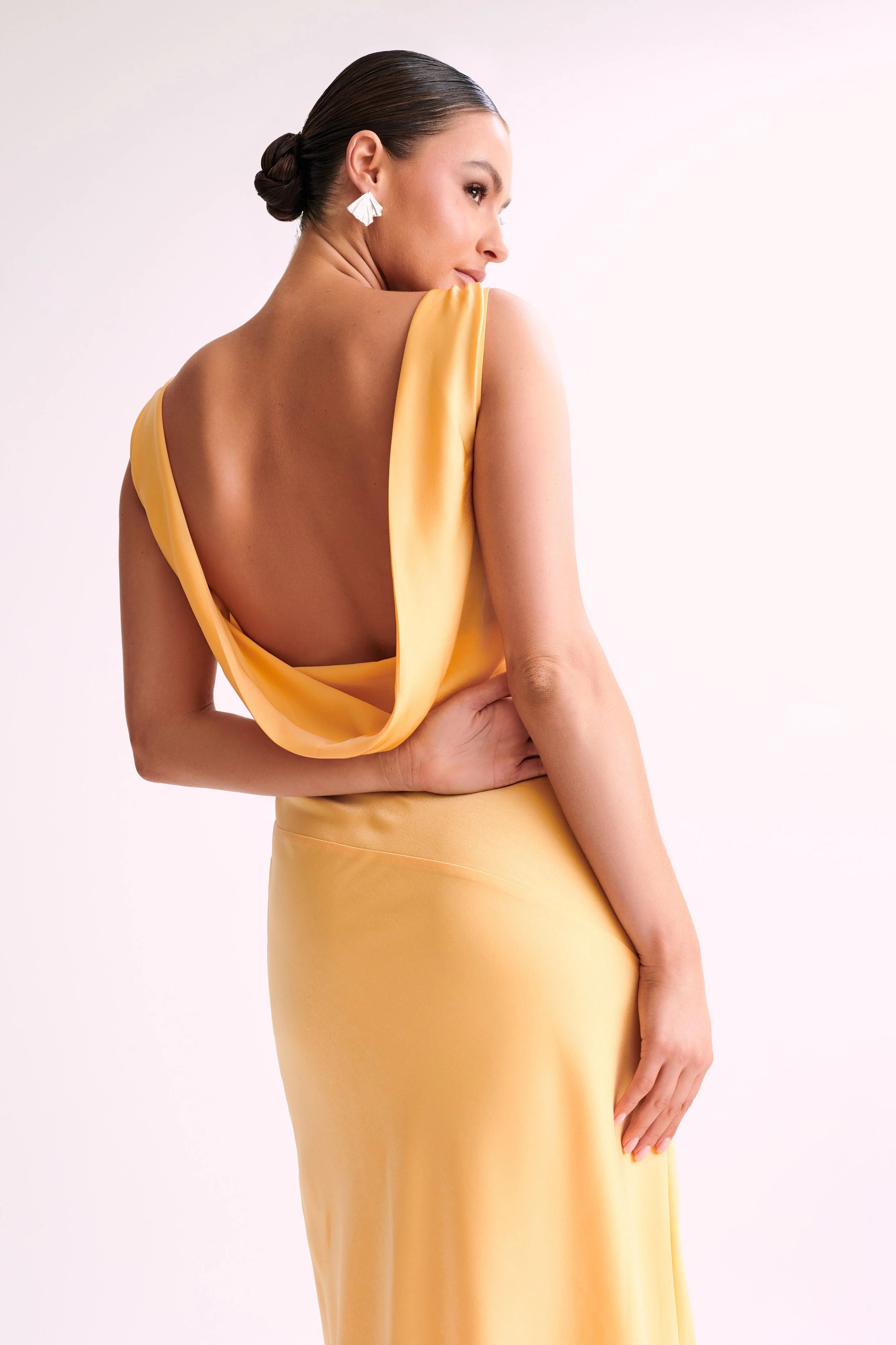 Nadia Maxi Satin Dress With Back Cowl - Lemon | MESHKI US