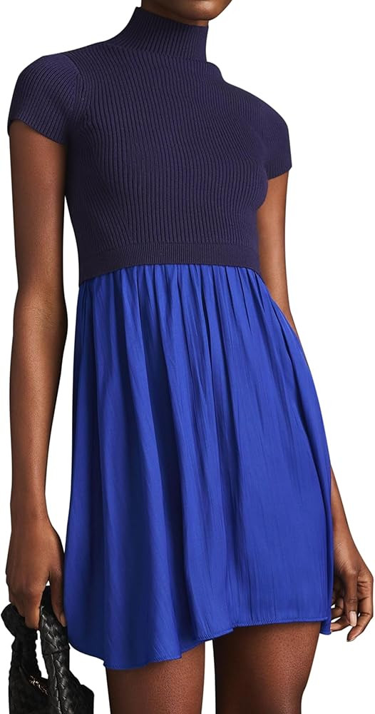 Meladyan Women’s Patchwork Mock Neck Dress Short Sleeve Pleated Knitted Swing Dress Elegant Sol... | Amazon (US)