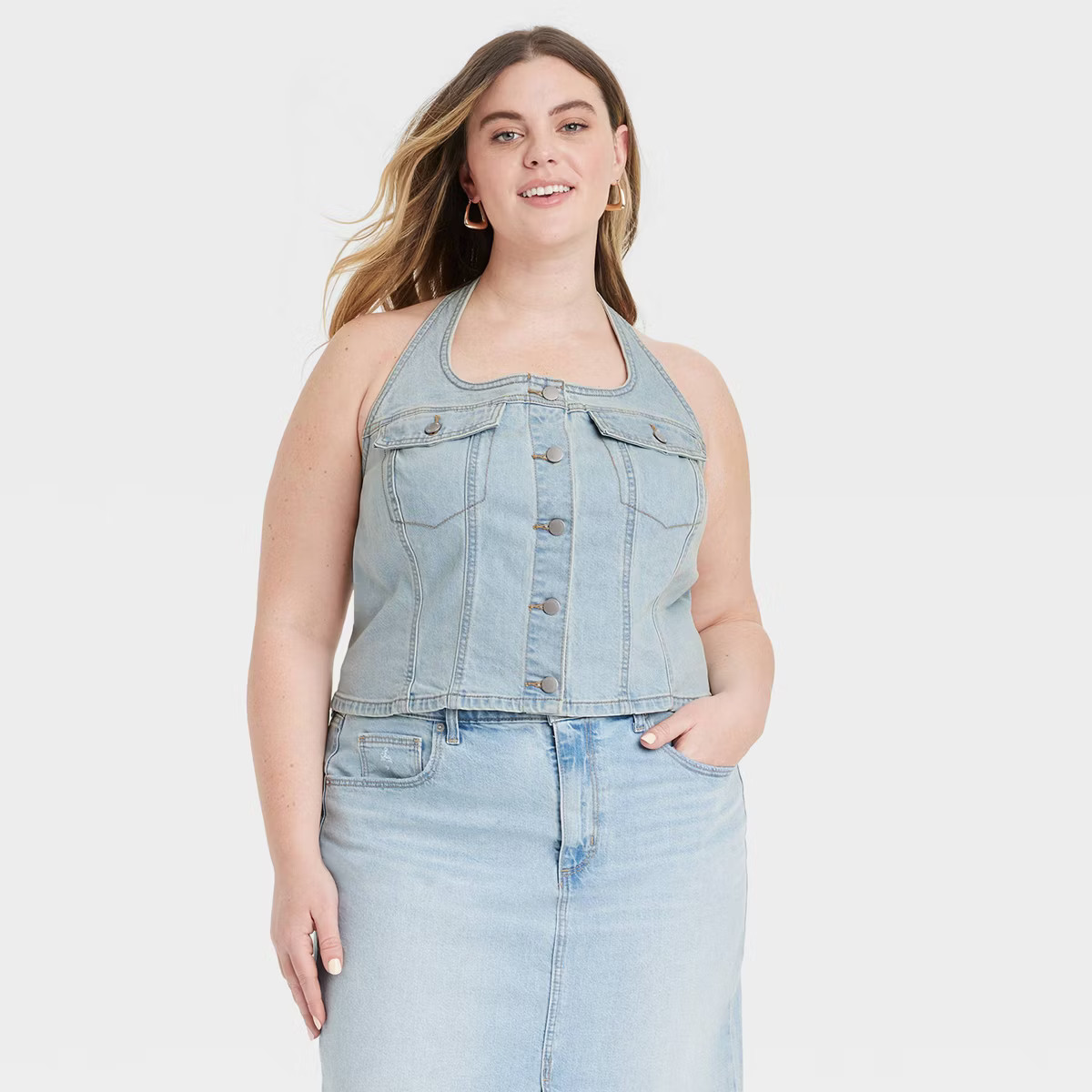 Women's Cropped Sleeveless Denim Halter Shirt - Universal Thread™ Light Wash | Target