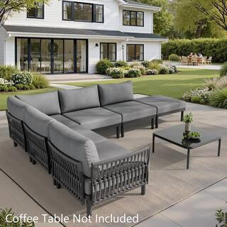 Aluminum Patio Conversation Sectional Seating Set in Dark Gray with Thick Cushions (Set of 6) | The Home Depot