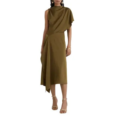 Reiss Naomi One-Shoulder Drape Midi Dress in Khaki Green at Nordstrom, Size 0 | Nordstrom