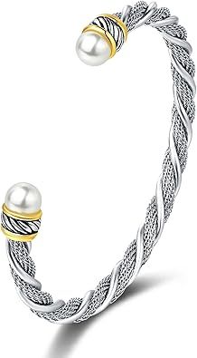 UNY JEWEL Stainless Steel Mesh Chain Fusion Twisted Cable Imitation Pearl Open Cuff Bangle Bracel... | Amazon (US)