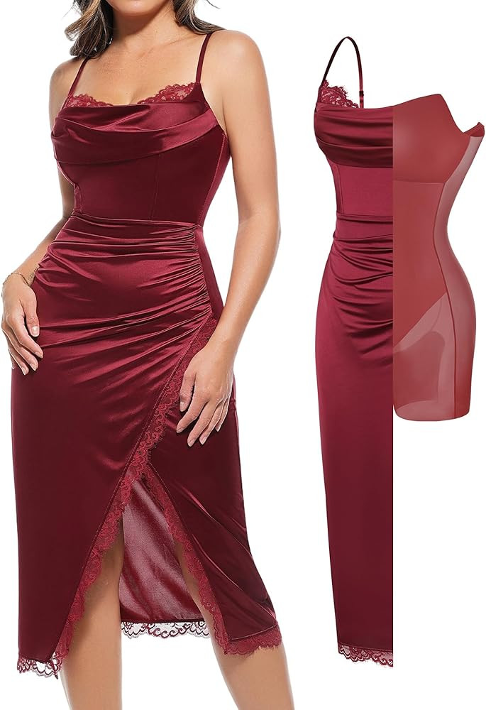 Popilush Shapewear Corset Dress Women's Satin Ruched Midi Dress Cocktail Date Night Dresses with ... | Amazon (US)