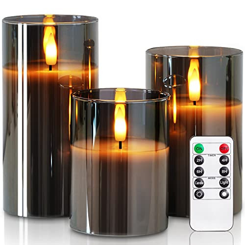 Homemory Grey Glass Flameless Candles, Battery Operated LED Pillar Candles with Remote Control and Timer, Radiance Candles, Real Wax, Set of 3,D3 xH4 5" 6" | Amazon (US)