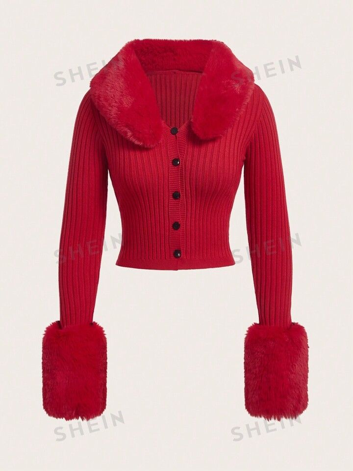 SHEIN ICON Women's Solid Plush Patchwork Cardigan Sweater | SHEIN