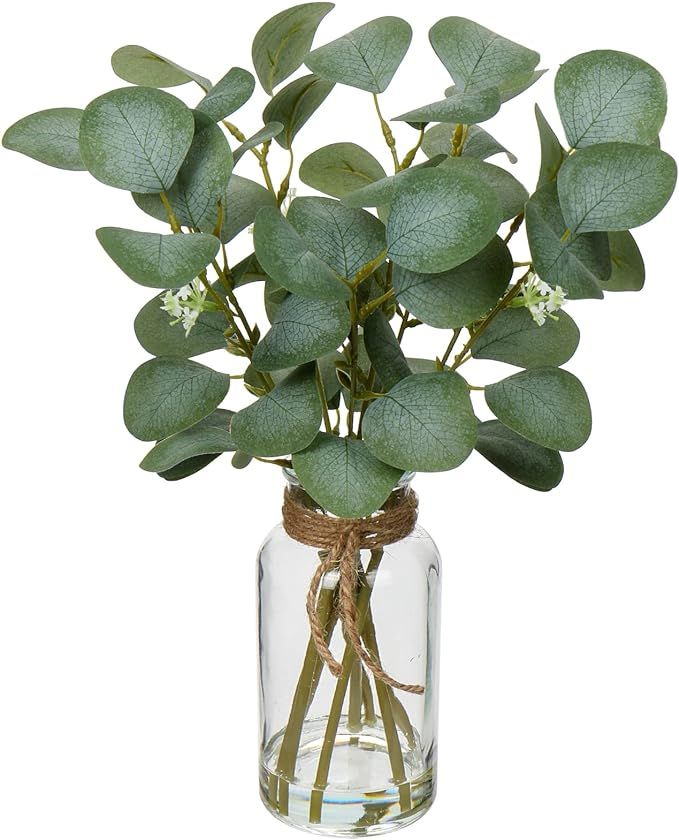 Briful Artificial Eucalyptus Stems in Glass Vase with Faux Water, 14" Fake Plant Eucalyptus Leave... | Amazon (US)
