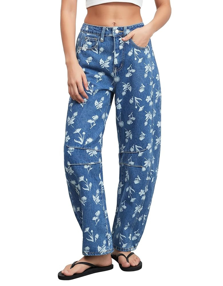 Kedera Women Casual Printed Barrel Jeans Wide Leg Denim Jeans 2025 Summer Trendy Baggy Pants Boyf... | Amazon (US)
