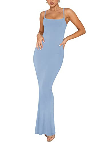 REORIA Women's Sexy Casual Lounge Slip Long Dress Elegant Wedding Guest Sleeveless Backless Ribbed Bodycon Maxi Dresses Blue Small | Amazon (US)
