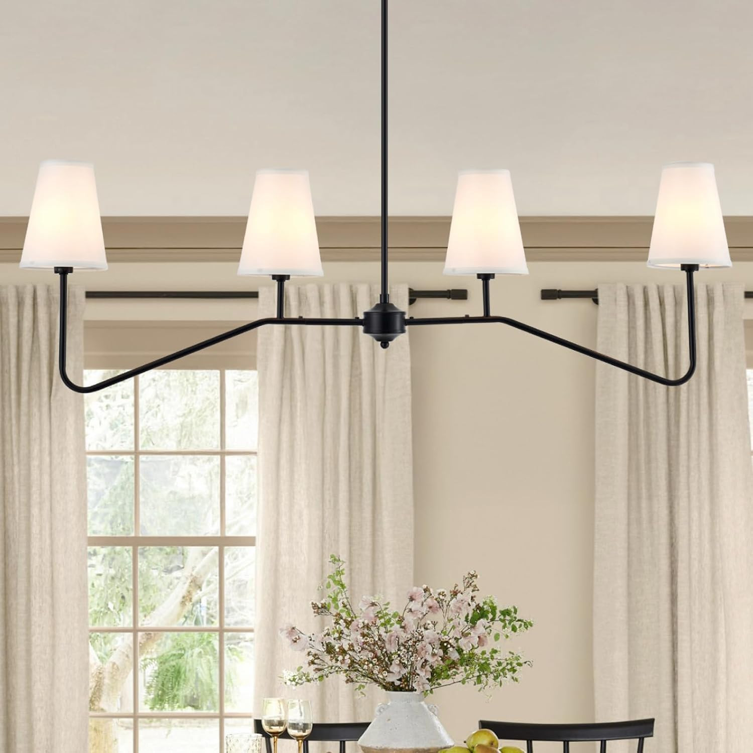 VILUXY Classic Linear Chandelier Off-White Fabric Modern Kitchen Island Pendant Lighting for Indoor, Dining Room, Living Room, Restaurant 4-Light | Amazon (US)