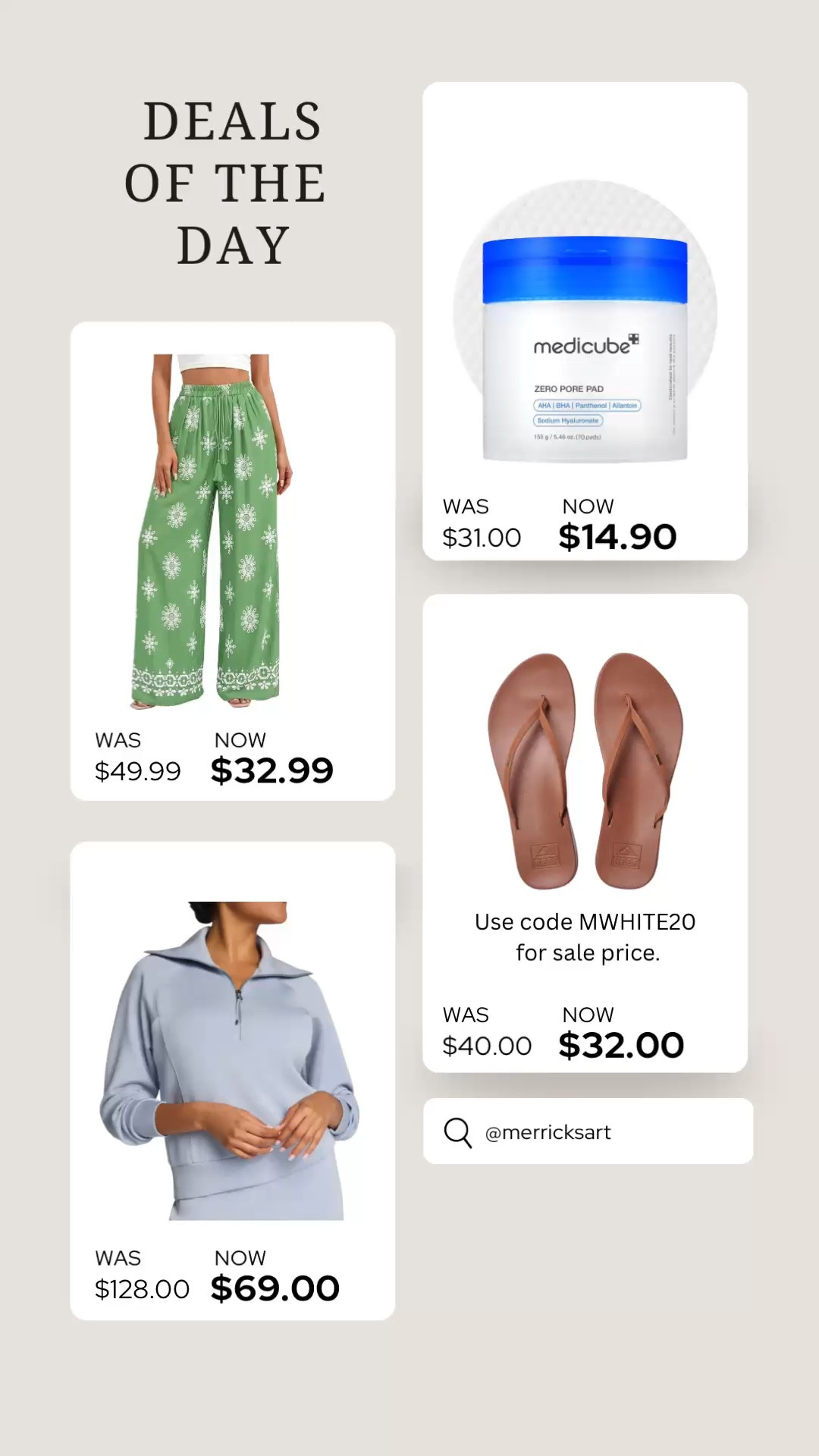 Top deals of the day! Use code MWHITE20 for 20% off at reef. ￼