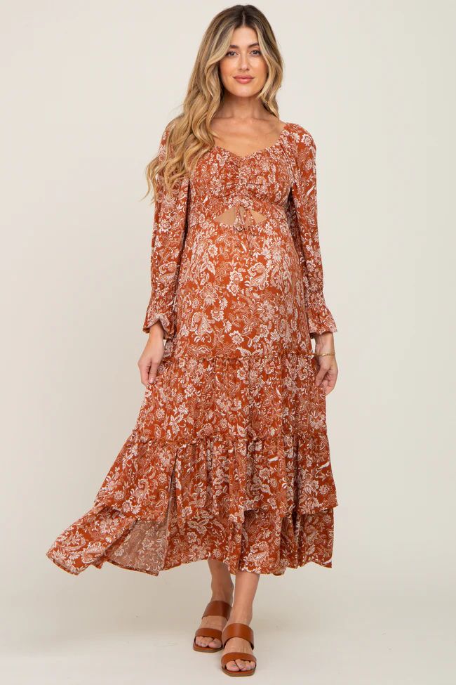 Rust Floral Cutout Smocked Tiered Maternity Maxi Dress | PinkBlush Maternity