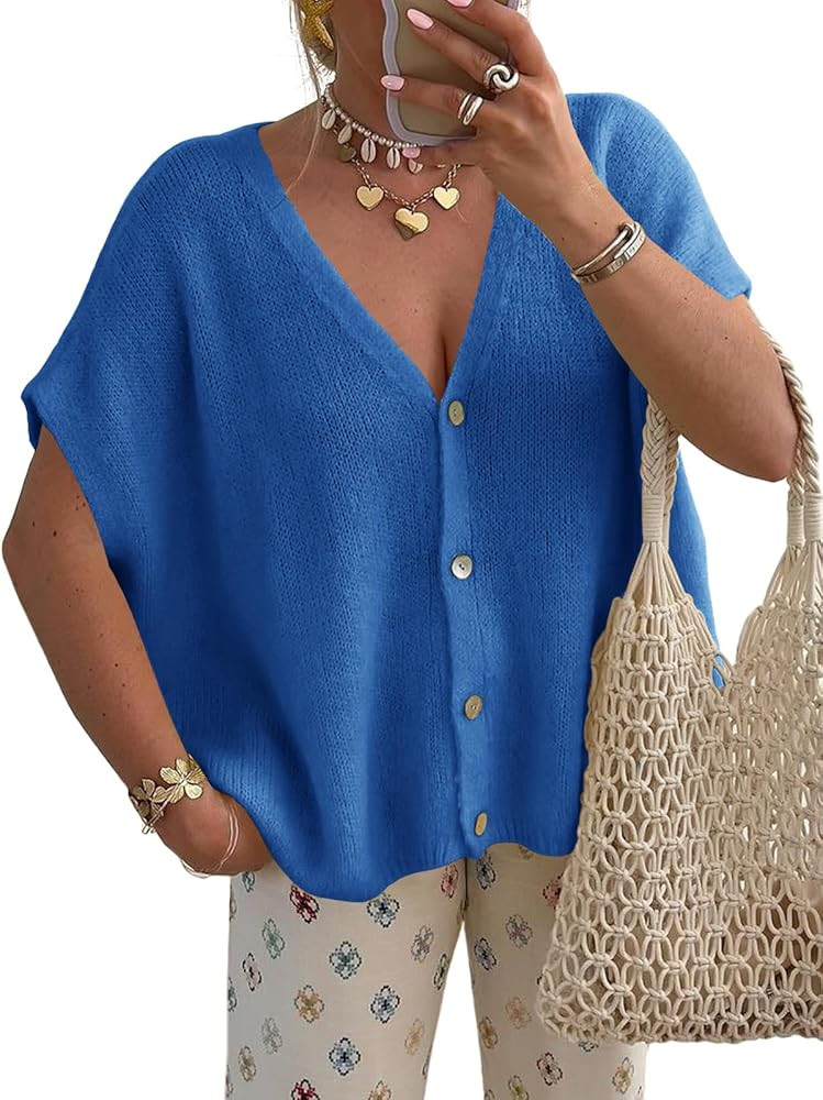 Saodimallsu Womens Spring Oversized Cardigans Batwing Short Sleeve Lightweight Button V Neck Casu... | Amazon (US)