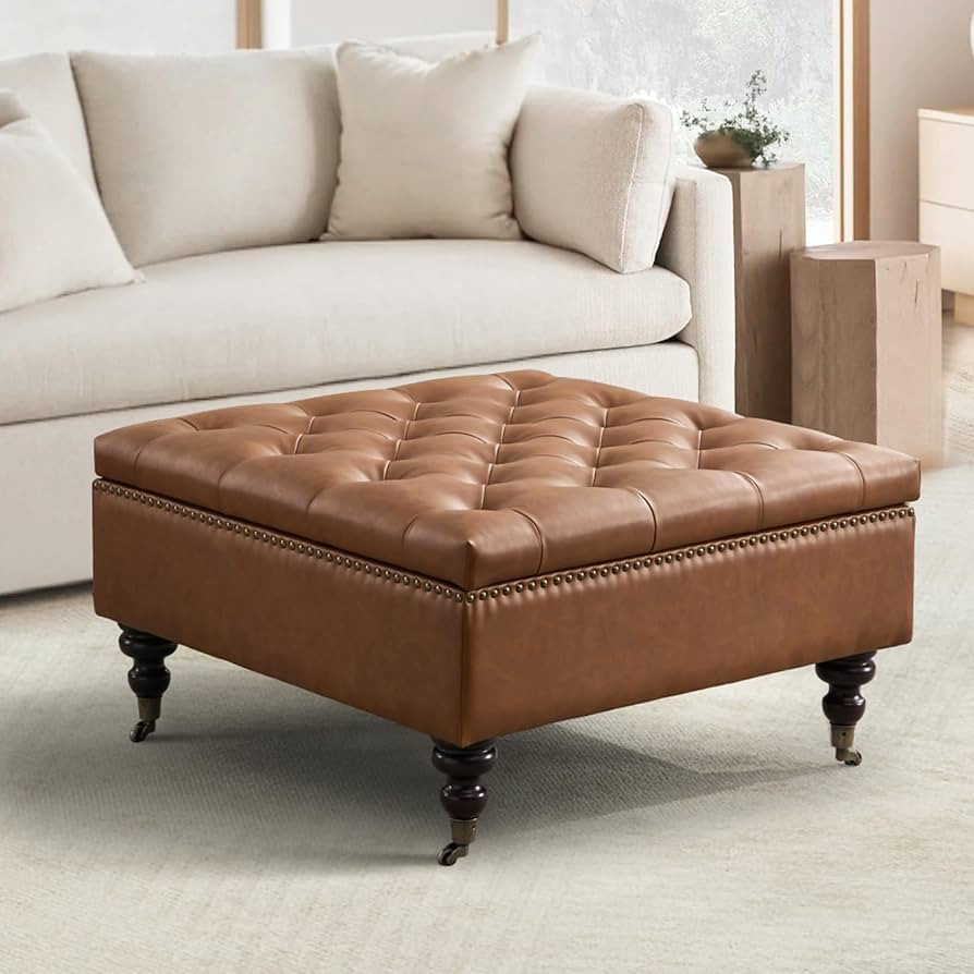 Square Storage Ottoman Coffee Table Tufted Upholstered Large Ottoman with Storage with Rolling Wh... | Amazon (US)