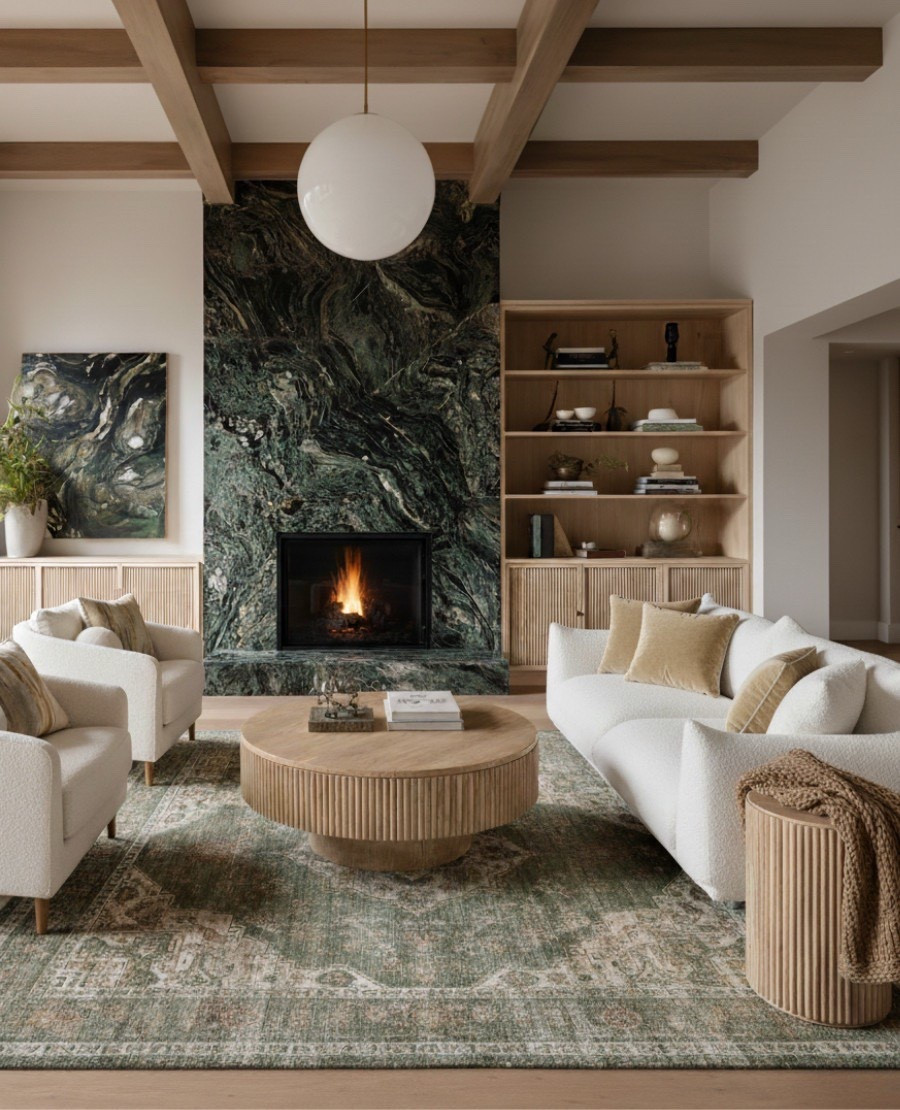 An earthy yet refined living room that blends organic movement with modern calm.
This space centers around a stunning marble fireplace — its deep green veining setting the tone for a palette of natural textures and warm wood tones. The exposed beams and oak cabinetry frame the room with architectural warmth, while soft boucle seating and velvety gold accents add inviting contrast.

A ribbed oak coffee table and side table echo the vertical lines of the built-ins, creating rhythm and cohesion throughout the space. Anchored by a vintage-inspired green rug, this room feels grounded, textural, and effortlessly elevated. 


#LTKFindsUnder100 #LTKSaleAlert #LTKHome