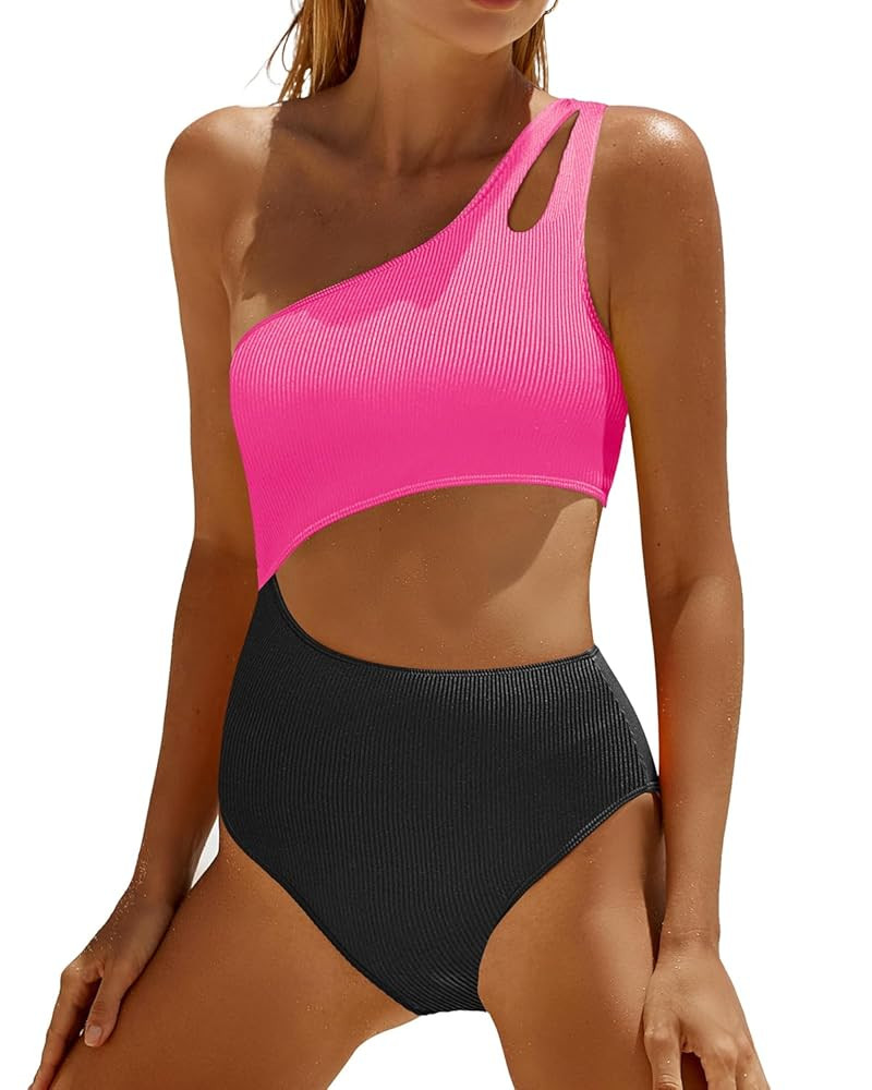 Yonique Cutout One Piece Swimsuit Women - One Shoulder Bathing Suit Ribbed Swimwear 2025 Monokini | Amazon (US)