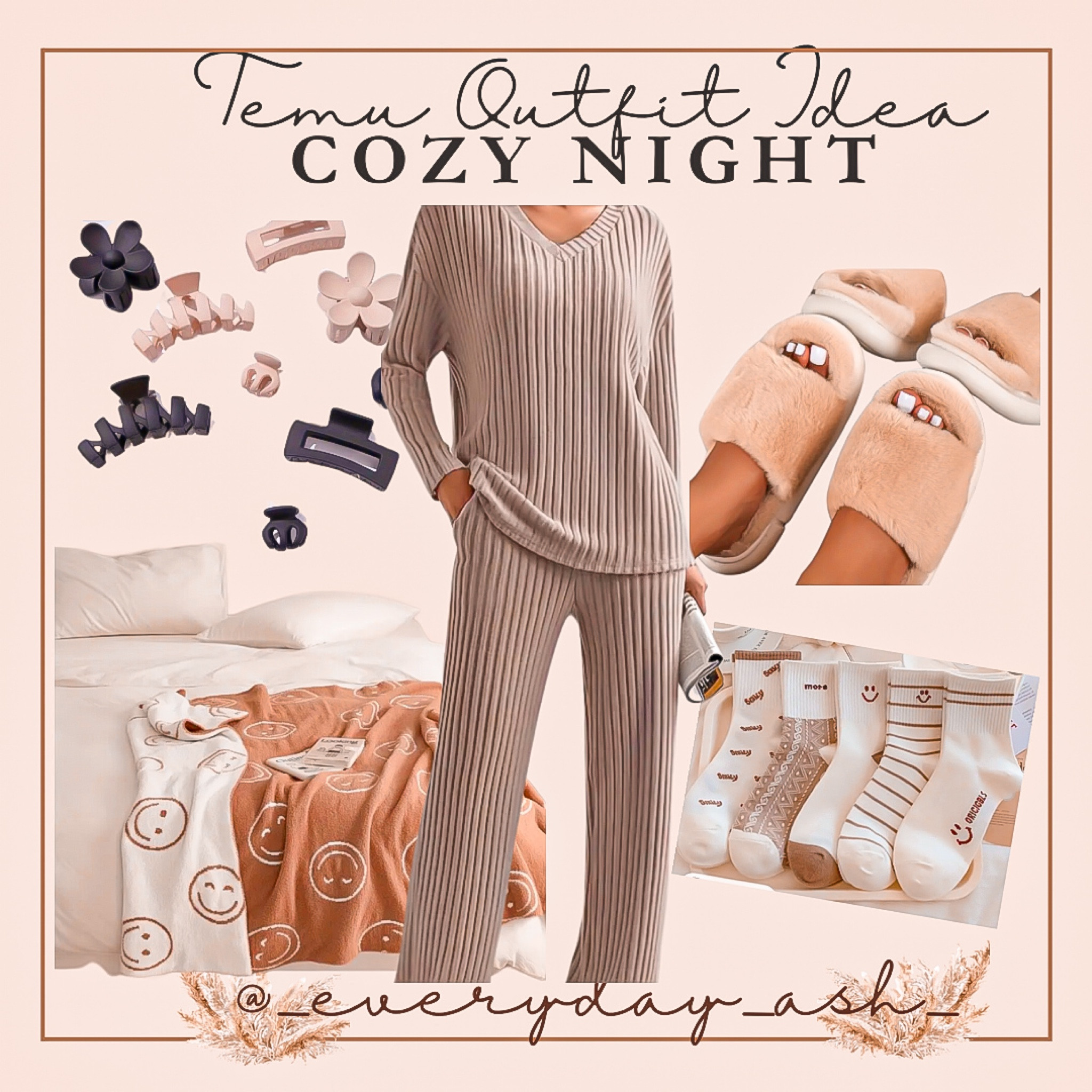 Temu Outfit Idea 🤎

Temu fashion, temu outfit, hair clips, lounge set, two piece set, slippers, cozy socks, smiley face socks, smiley face blanket, neutral outfit , gifts for her 

#LTKfindsunder50 #LTKGiftGuide #LTKstyletip