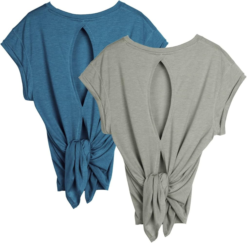 icyzone Open Back Workout Top Shirts - Yoga t-Shirts Activewear Exercise Tops for Women(Pack of 2... | Amazon (US)