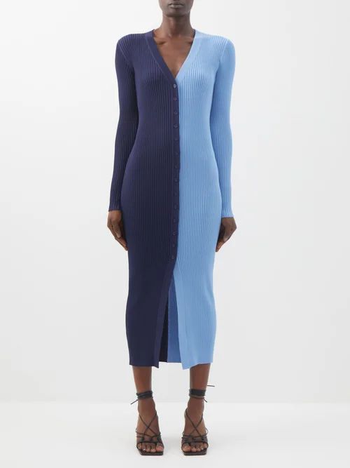 Staud - Shoko Two-tone Rib-knit Jersey Midi Dress - Womens - Blue Multi | Matches (US)