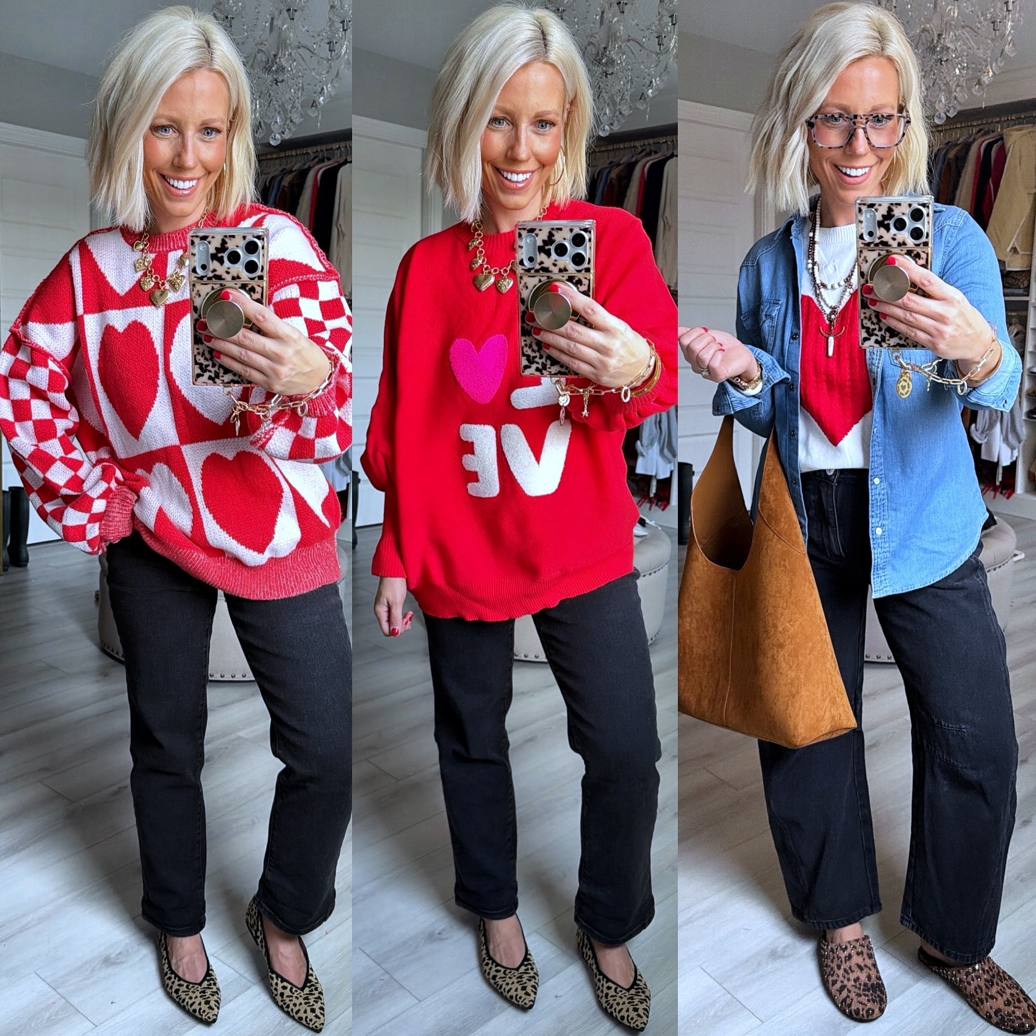 It’s almost February and love is in the air!!! 
⬇️⬇️⬇️
Sweaters left to right - small (runs big), medium (should have done smalls), medium.
Denim top small
Jeans size medium 

#LTKSaleAlert #LTKValentine #LTKSeasonal