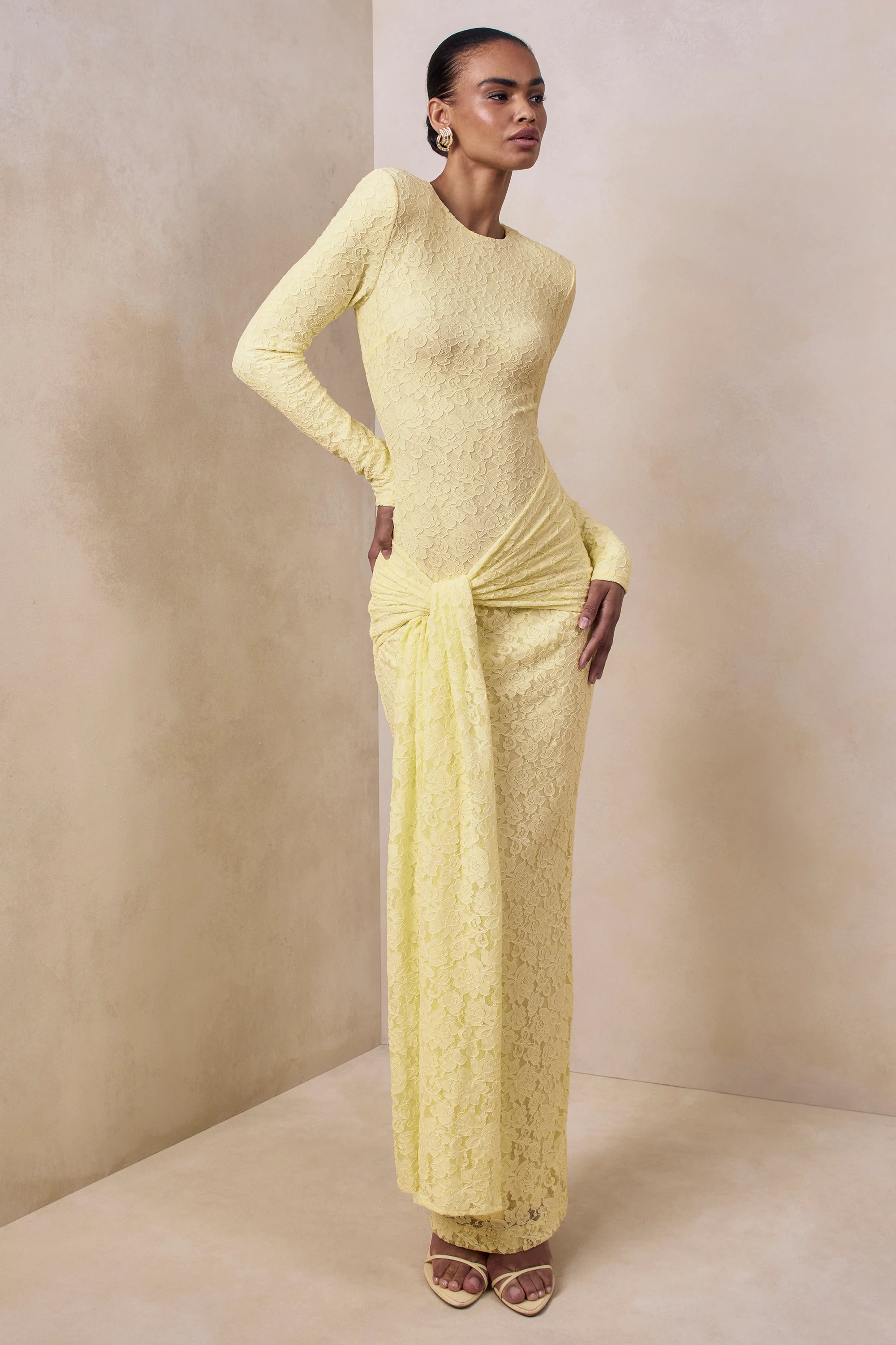 Evangela | Lemon Lace Crew-Neck Maxi Dress With Wrap-Detail | Club L London