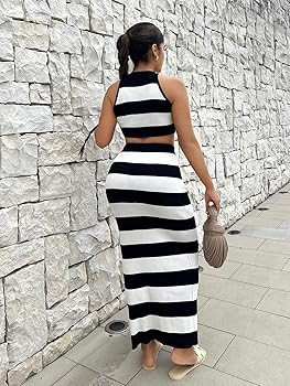 GORGLITTER Women's 2 Piece Outfit Color Block Striped Halter Top and Ribbed Knit Bodycon Maxi Ski... | Amazon (US)