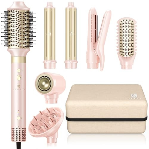Hair Dryer Brush 8-in-1 Dual Voltage Hot Air Styler – Fast-Drying 110,000 RPM Ionic Blow Dryer with Straightener & Curler Attachments, Frizz-Free Volumizing Styler with Protective Hard Case-Pink | Amazon (US)