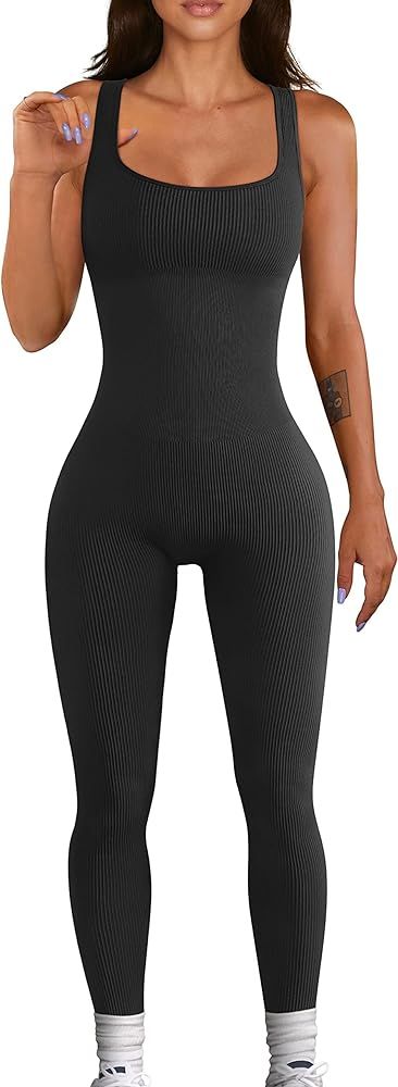 Women Workout Seamless Jumpsuit Yoga Ribbed Bodycon One Piece Square Neck Leggings Romper | Amazon (US)