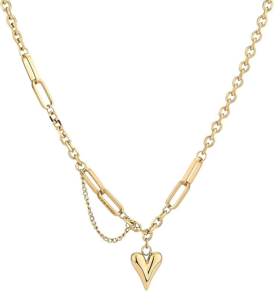 LYNMOS Gold Heart Necklace, 18k Gold Plated Handmade Heart Pendant Choker Necklace Cuban&Paperclip C | Amazon (US)