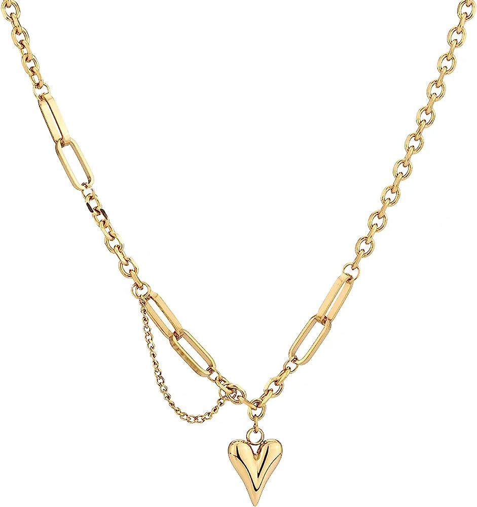 LYNMOS Gold Heart Necklace, 18k Gold Plated Handmade Heart Pendant Choker Necklace Cuban&Paperclip C | Amazon (US)