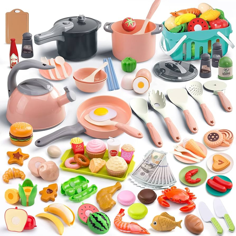 130Pcs Kitchen Playset, Toddler Pretend Cooking Play Pots, Pans, Utensils Cookware, Daily Food Fr... | Amazon (US)