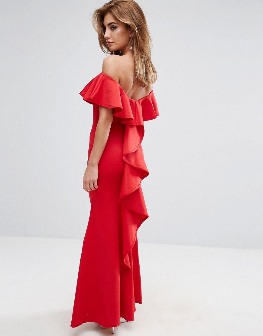 Club L Fishtail Maxi Dress With Waterfall Frill Back Detail - Red | ASOS US