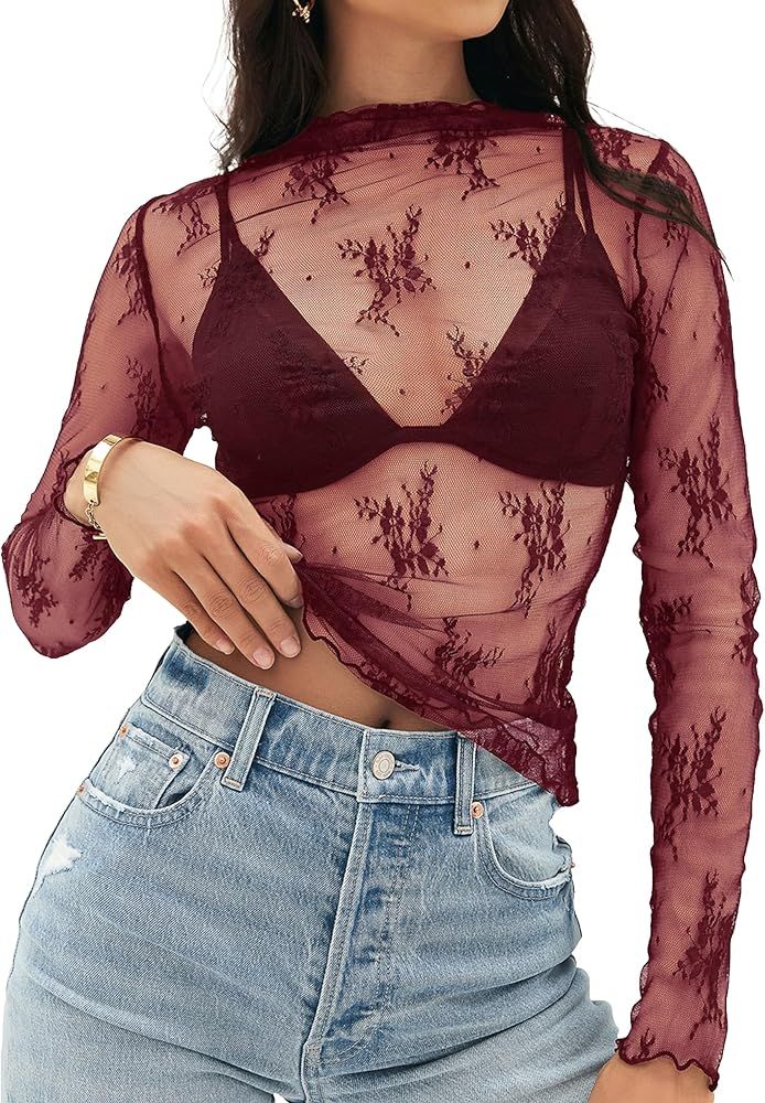 MEROKEETY 2024 Womens Mesh Sheer Long Sleeve Layering Top Mock Neck Lace Floral See Through Shirt... | Amazon (US)