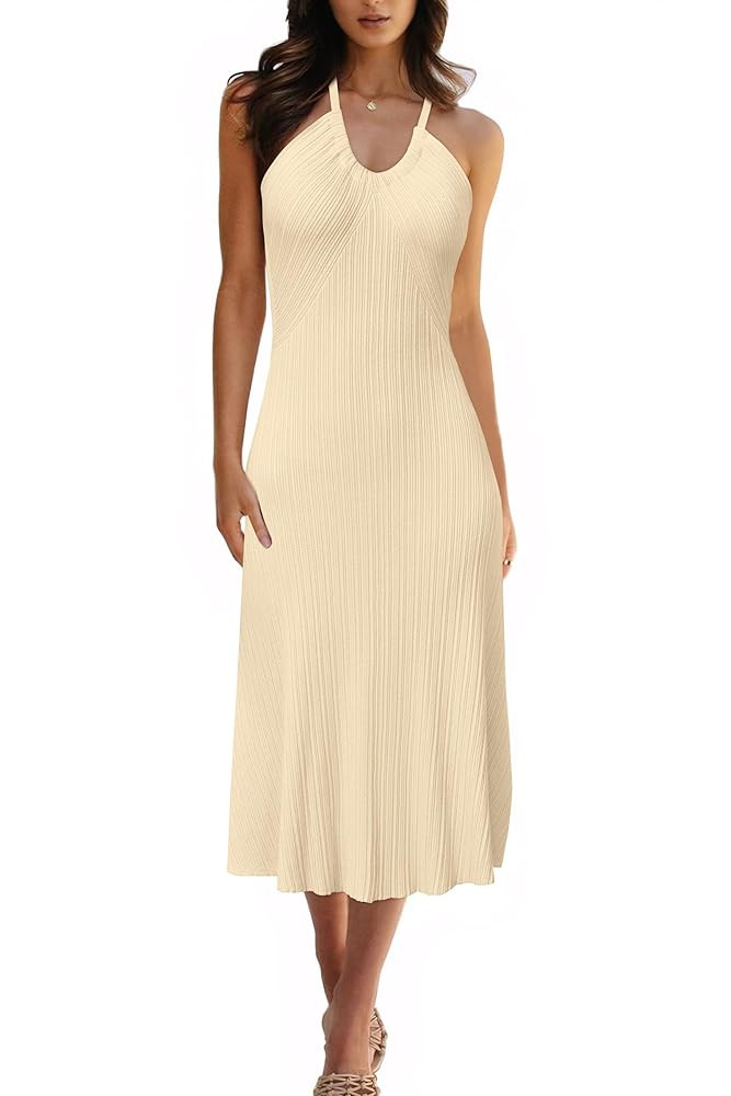 Arach&Cloz Women's Knit Adjustable Halter V Neck Summer Vacation Dress 2025 | Amazon (US)