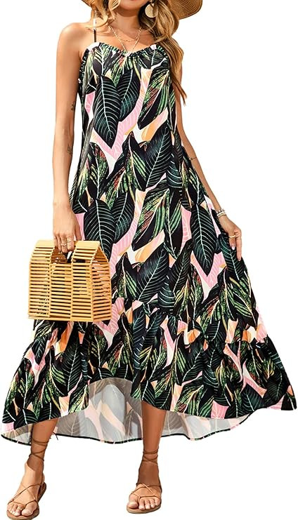 BTFBM Women Casual Summer Dresses 2023 Spaghetti Strap Sleeveless Sundress Print Ruffle Flowy Boh... | Amazon (US)