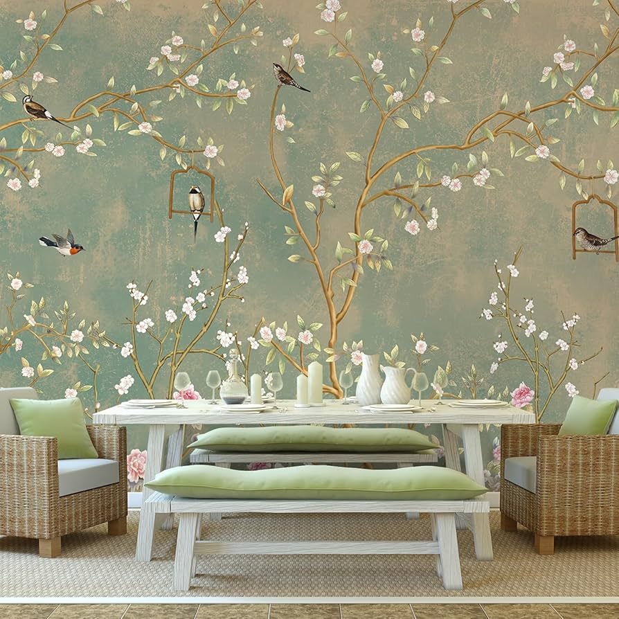 HLNIUC Plum Blossom Bird Wallpaper, Vintage Floral Sofa Background Wallpaper, Large Chinoiserie F... | Amazon (US)