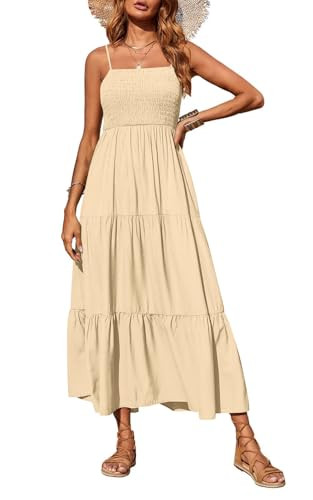 PRETTYGARDEN Women's Summer Maxi Dress 2026 Casual Boho Sleeveless Spaghetti Strap Smocked Tiered Long Beach Vacation Sundresses (Apricot,S) | Amazon (US)