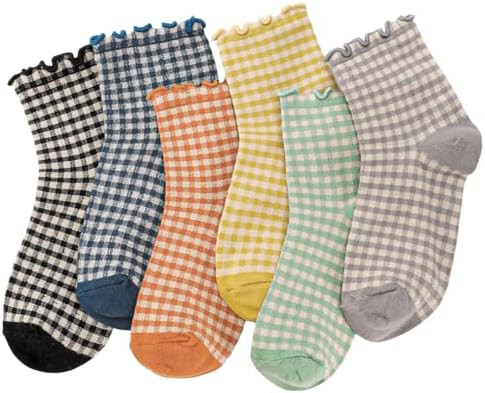 Women Ruffle Striped Frilly Socks, Cute Checkered Ankle Sock for Women Cotton Knit Casual Crew So... | Amazon (US)