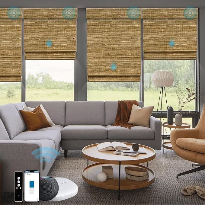 SmartWings Motorized Natural Woven Wood Blinds for Windows, Electric Auto Roman Shades with Remot... | Amazon (US)