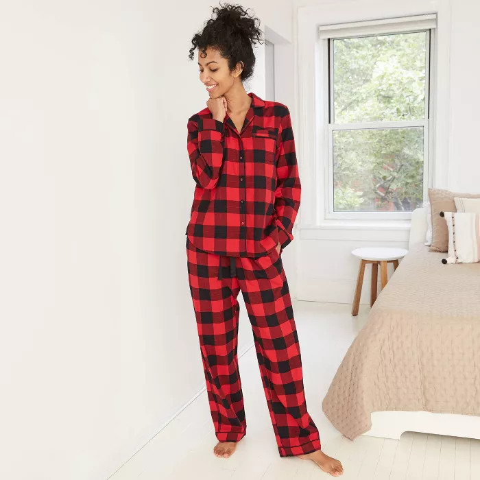 Women's Plaid Perfectly Cozy Flannel Long Sleeve Notch Collar Top and Pants Pajama Set - Stars Ab... | Target