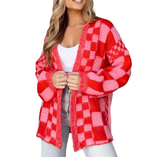 Women Y2k Oversized Knit Cardigan Sweater Checkered Long Sleeve Button Down Open Front Plaid Cardigans Aesthetic Outerwear | Amazon (US)