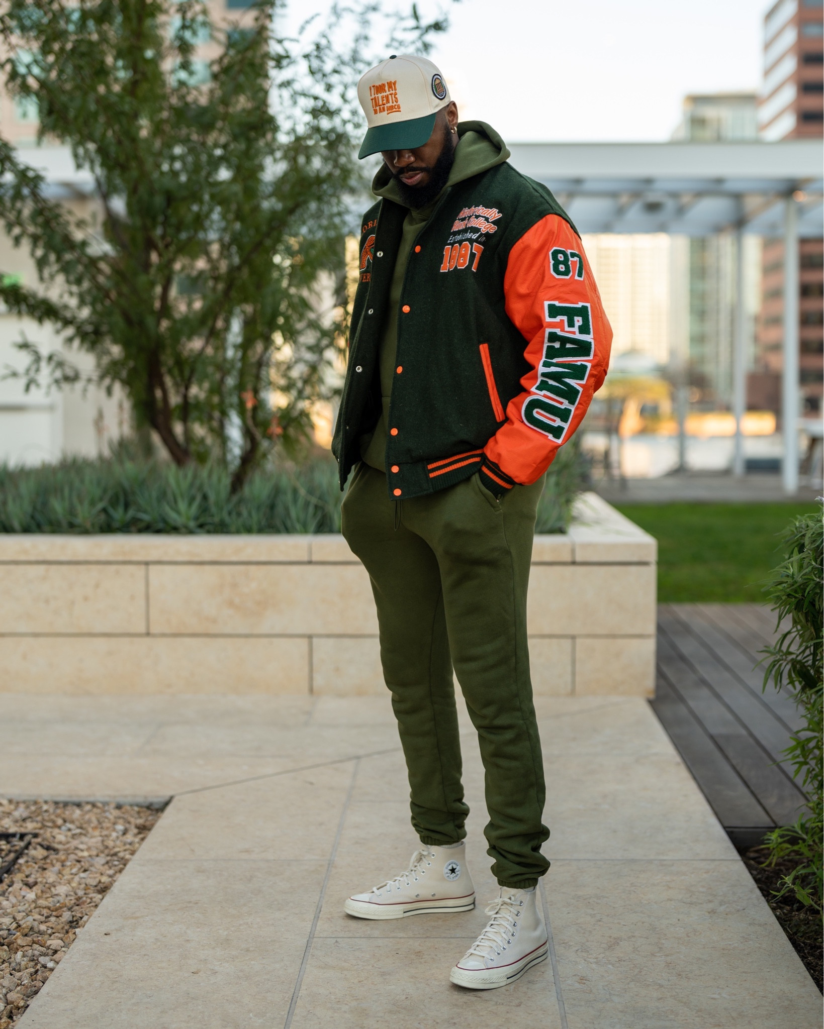 Casual outfit with a FAMU letterman jacket and green sweatsuit. Links to all these pieces and substitutes down below ⬇️!

#LTKmens