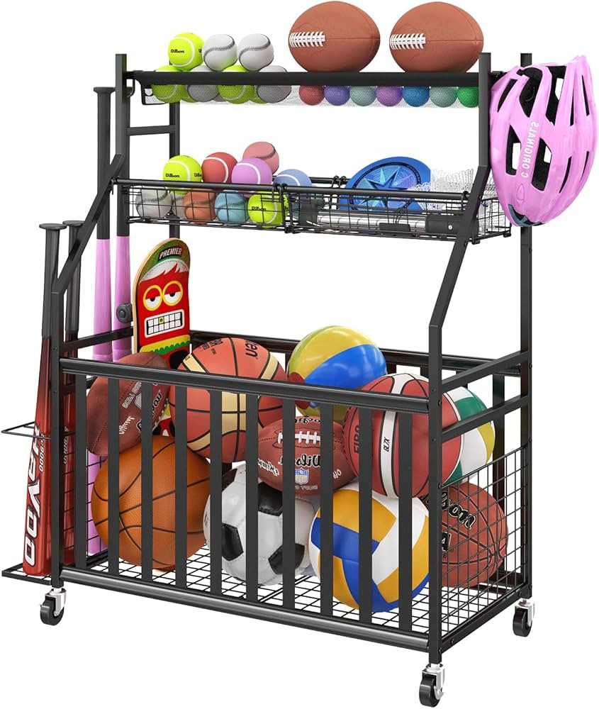 Jsskeeim Garage Sports Equipment Organizer,Sports Ball Organizer with Wheels,Mesh Pocket, Basket,... | Amazon (US)