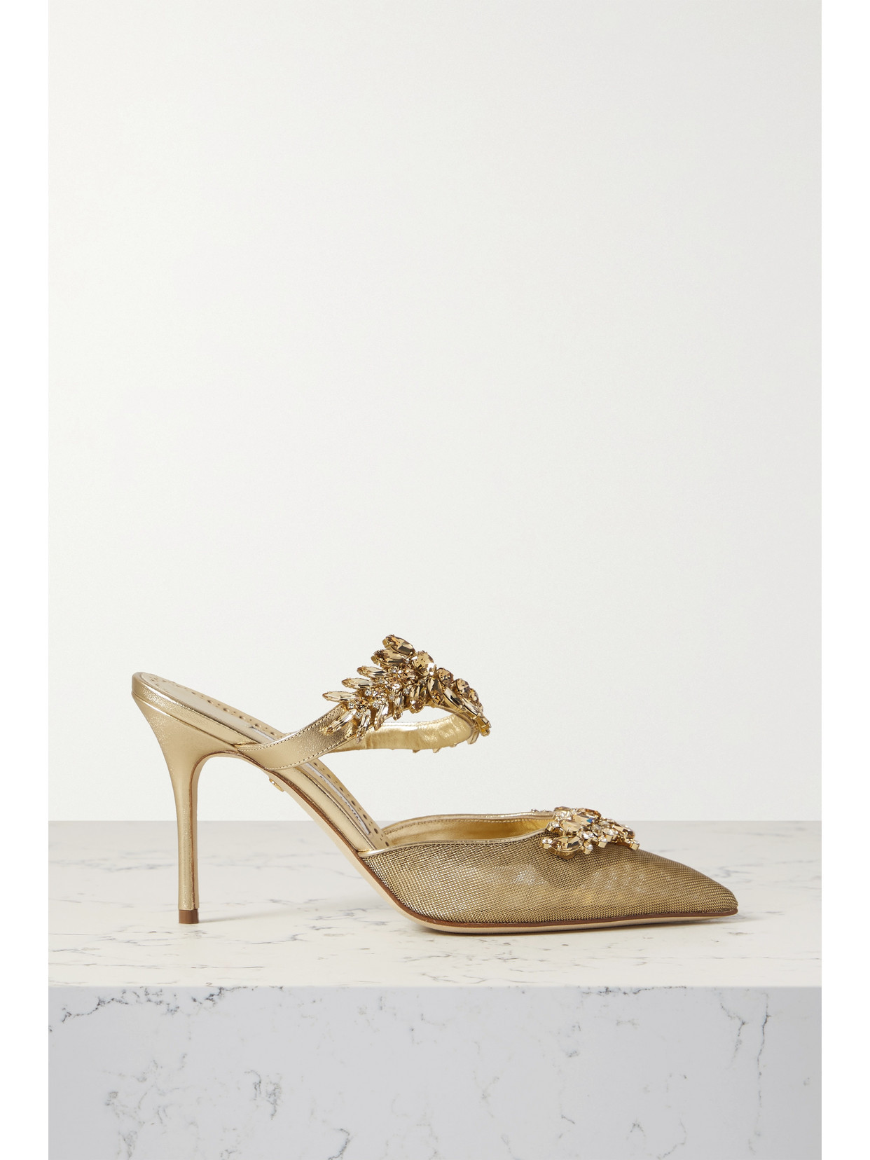 Manolo Blahnik - Lurum Crystal-embellished Leather And Mesh Mules - Gold | NET-A-PORTER (US)