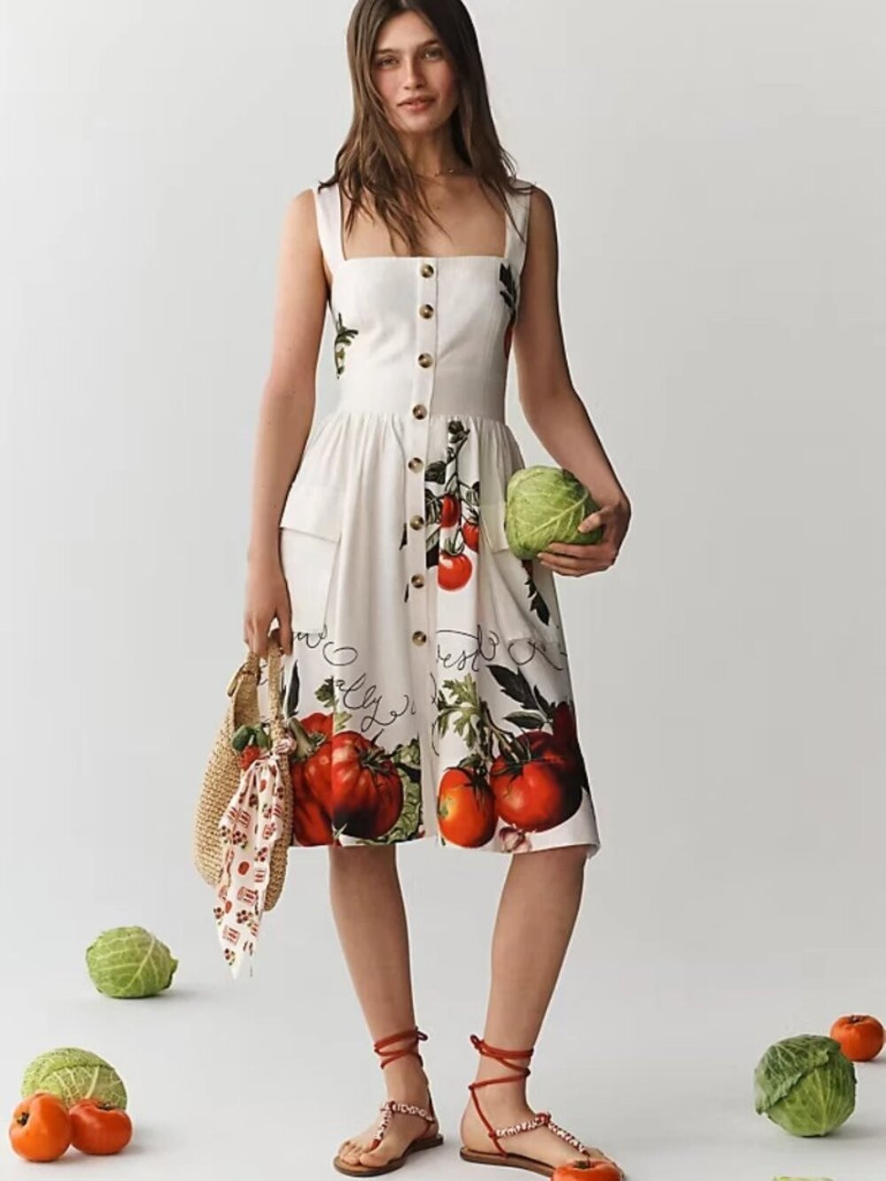 New Anthropologie Maeve Button-Front Fit & Flare Tomato Midi Dress Ivory S NWT | Poshmark