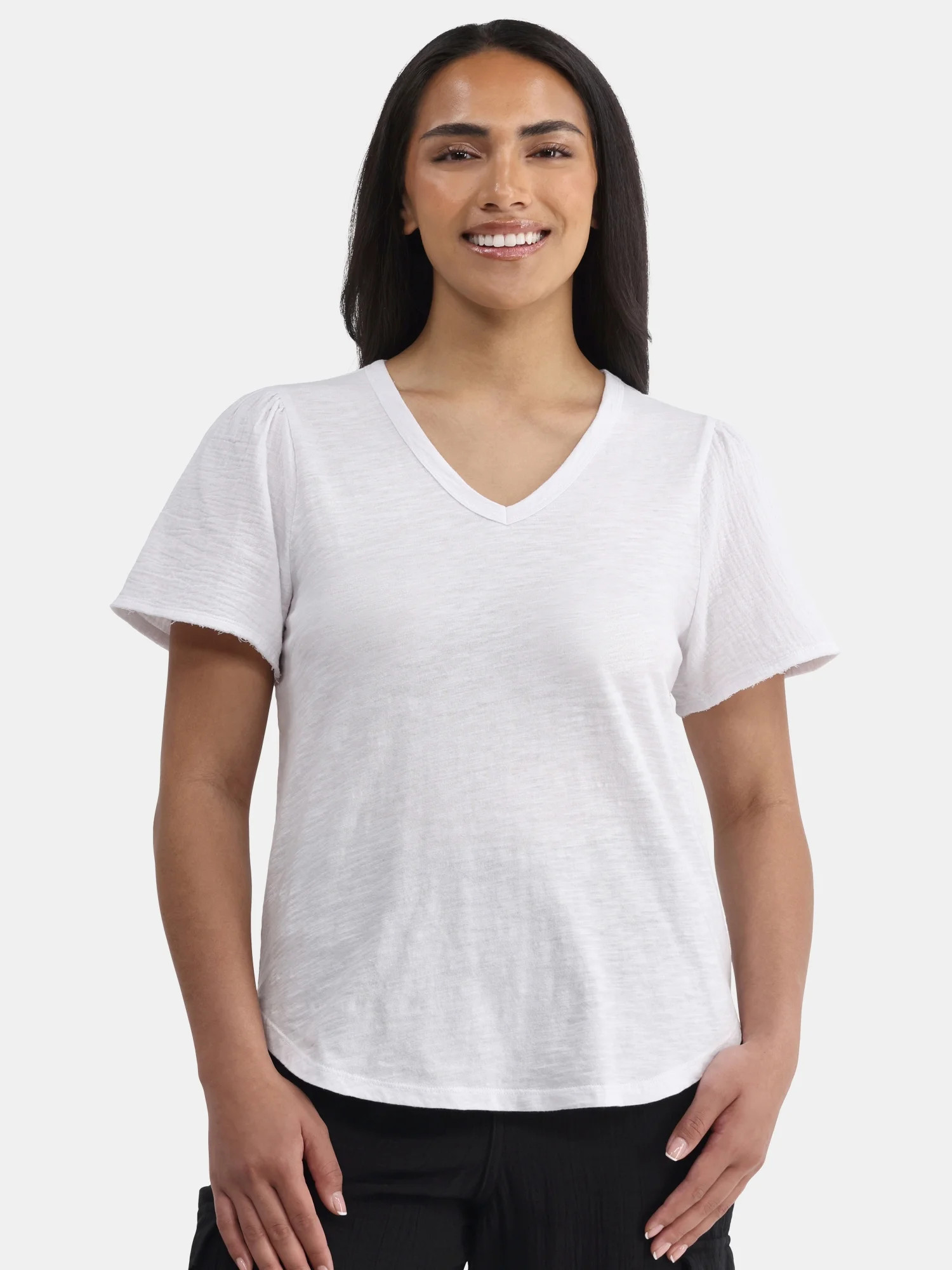 Time and Tru Women's Cotton Mixed Fabric V Neck Tee, Sizes XS-XXXL | Walmart (US)
