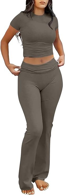 ANRABESS Lounge Sets for Women 2 Piece Foldover Yoga Flare Leggings Pants Crop Tops Casual Y2K Ou... | Amazon (US)
