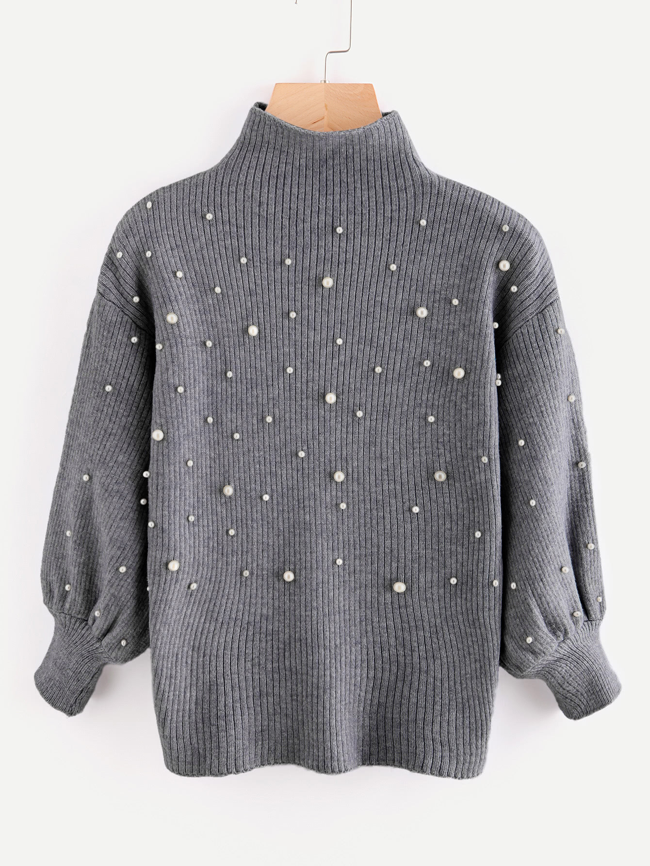 Pearl Beading Mock Neck Balloon Sleeve Jumper | SHEIN